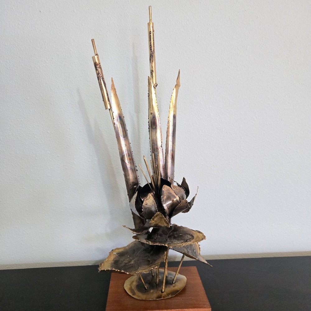 Vintage Brutalist Torch Cut Metal Lotus Cattail Sculpture C. Jere Style MCM 24"